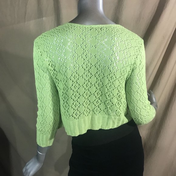 Vintage USA Notations Women's Medium Crop Neon Green Crochet Knit Open Front Car - Picture 12 of 14